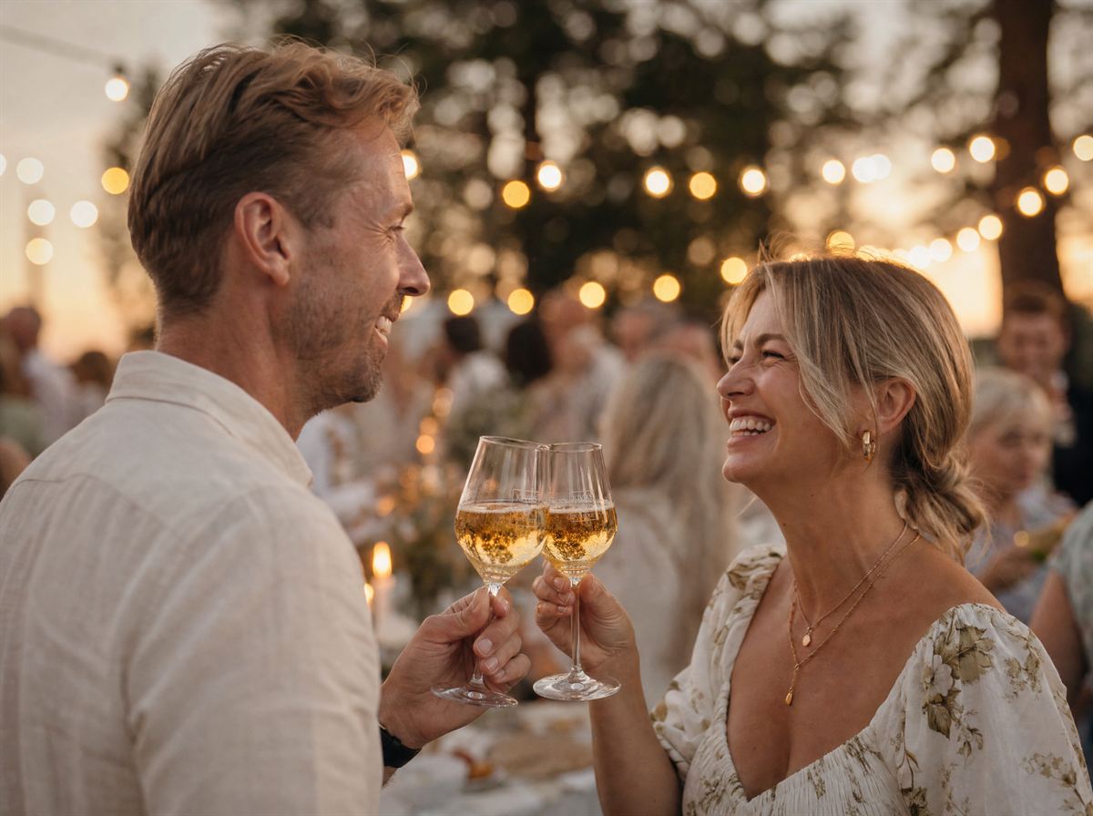 Två gäster skålar i cider under ljusslingor i sommarskymningen – inspirationsbild